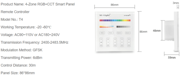 MI-LIGHT 4 ZONE RGB+CCT PANEL REMOTE (220Volt)-4730